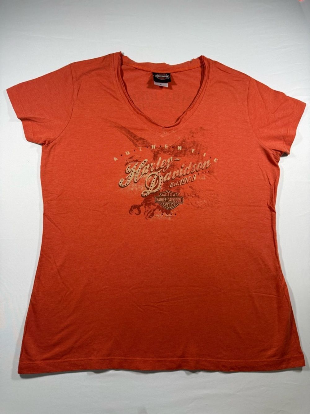 Harley Davidson Mile High Denver CO Rhinestone V-Neck Tee - Orange - Women’s XL